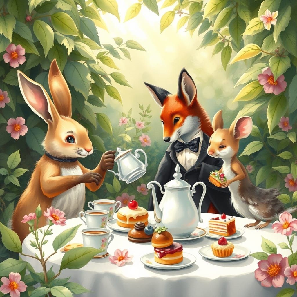 Whimsical Animal Tea Party in Overgrown Garden