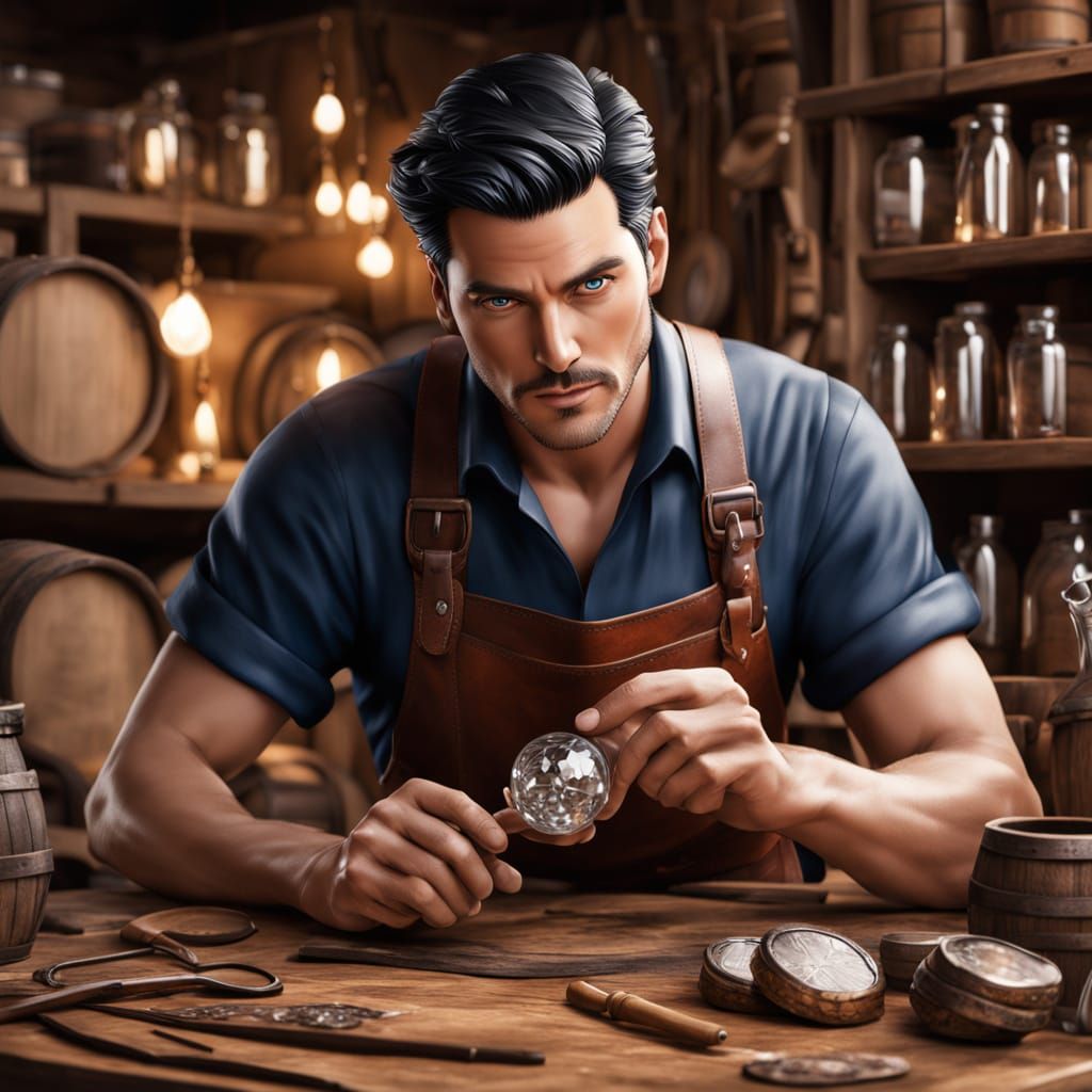 Man Holding Diamond and Snake in Realistic Anime Style