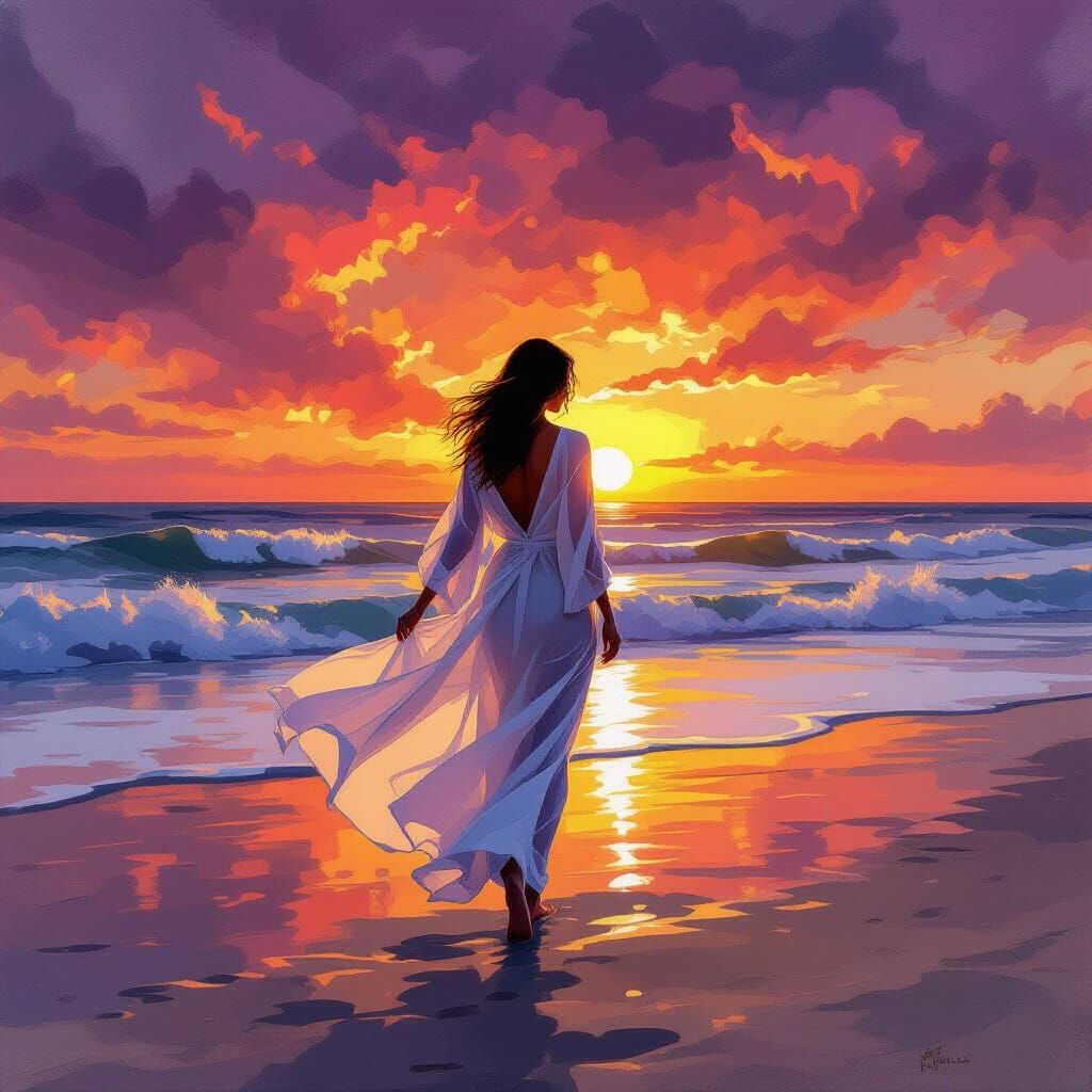 Woman on Windswept Beach at Sunset in Impressionist Gouache ...