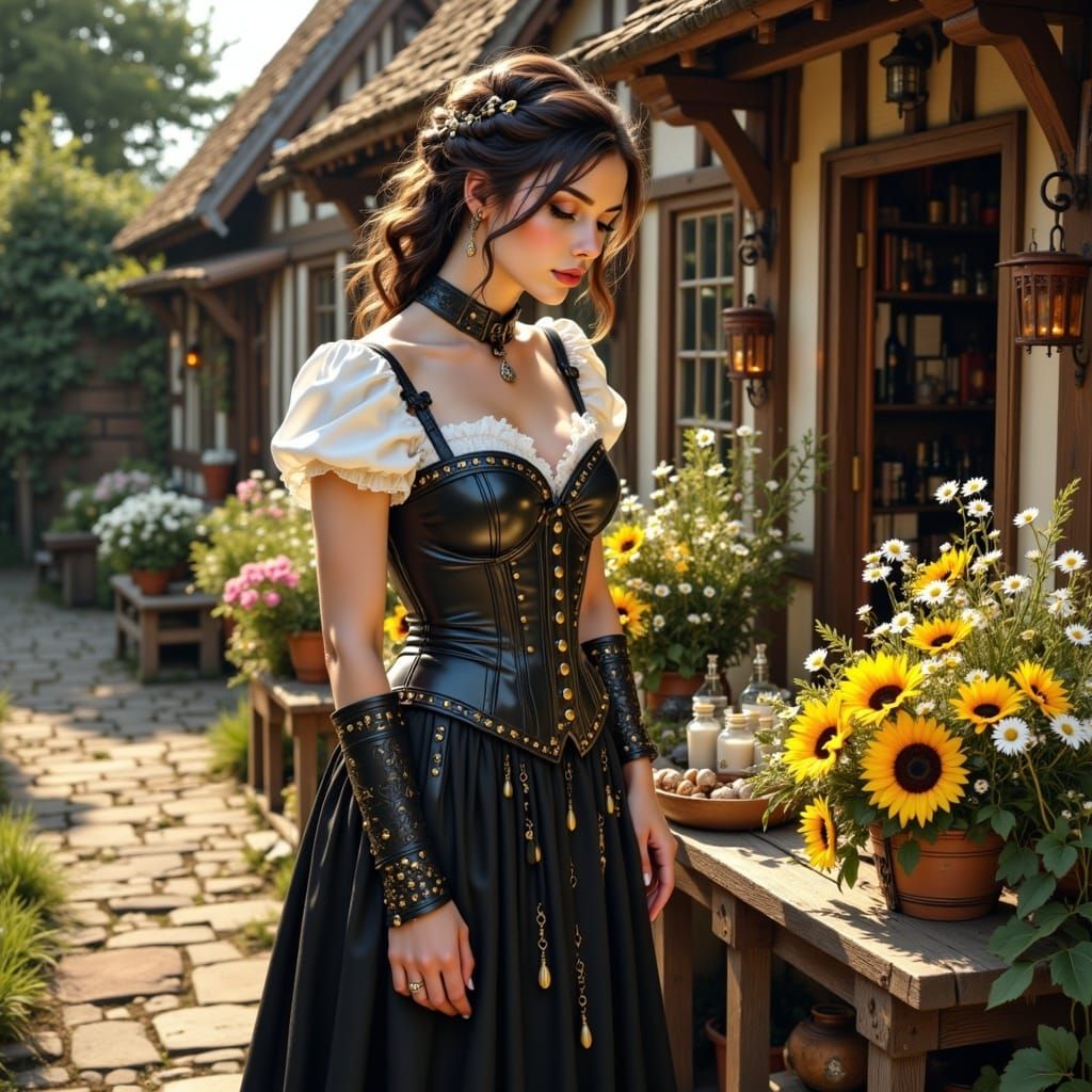 Elegant Woman in a Pre-Raphaelite Village
