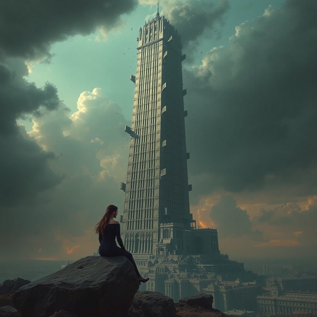 Hyperrealistic Dark Dystopian Tower of Babylon Falls Amidst ...