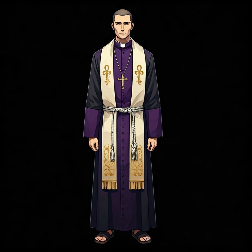 Monk in Embroidered Chasuble, Anime Cel-Shaded Art