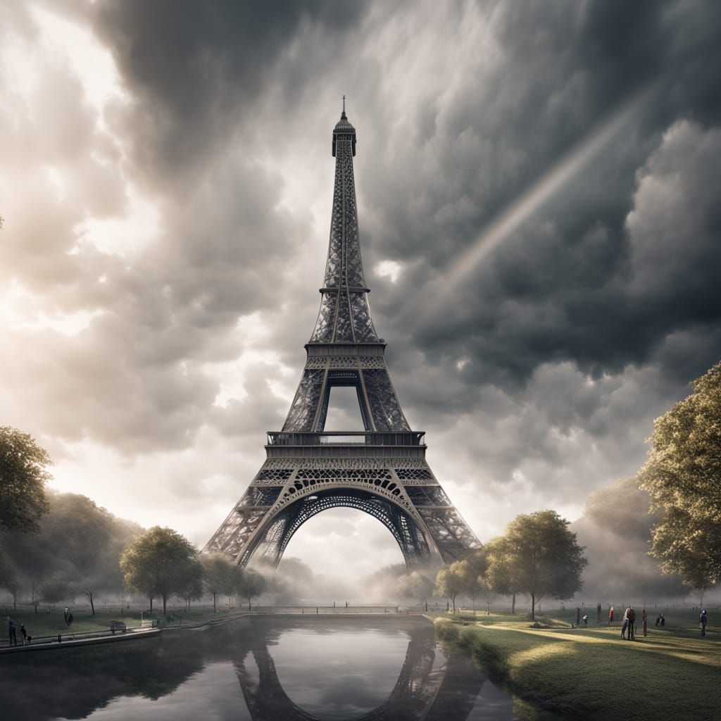 Eiffel Tower in Clouds with Ethereal Light