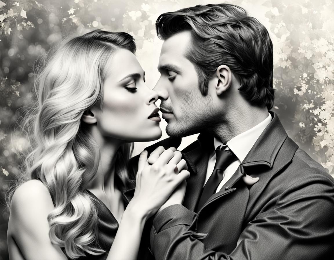 Romantic Kiss Between a Man and Blonde Woman