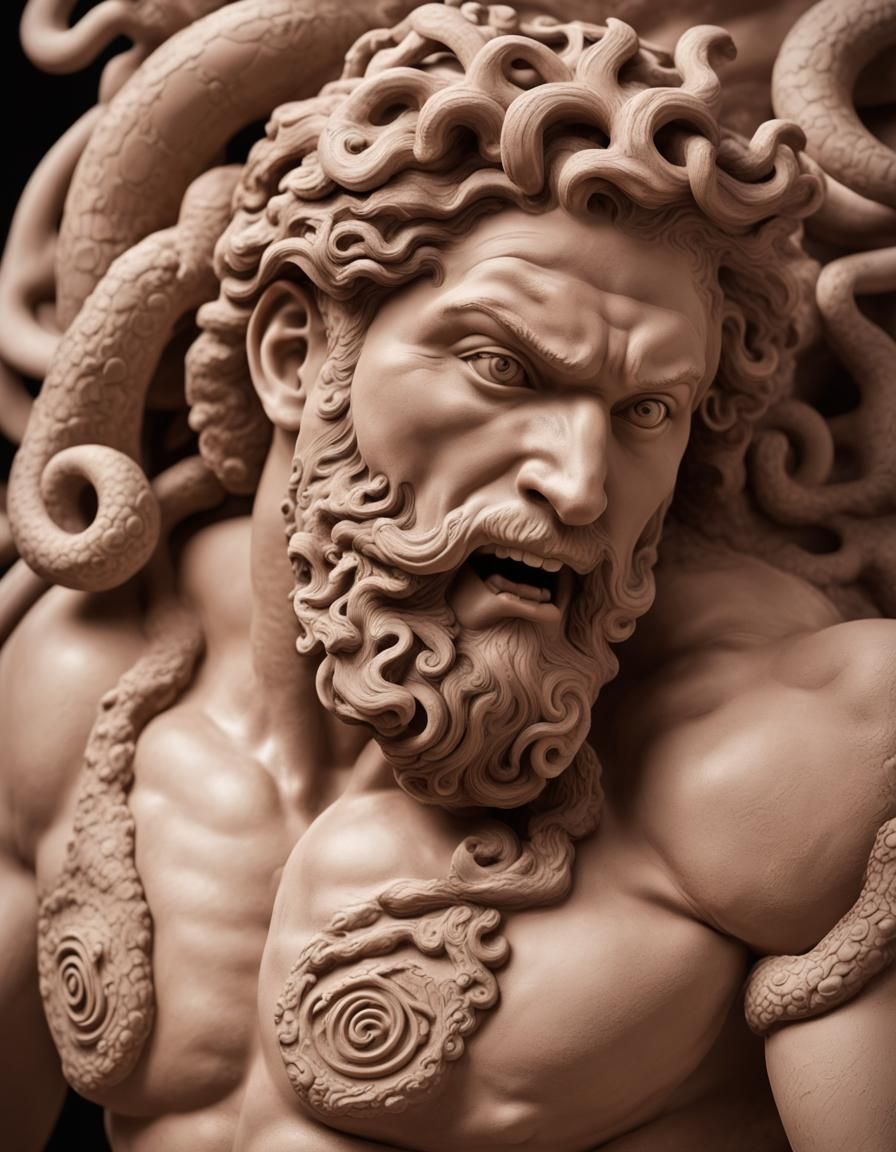 Hercules and Medusa: Clay Amphora Sculpture