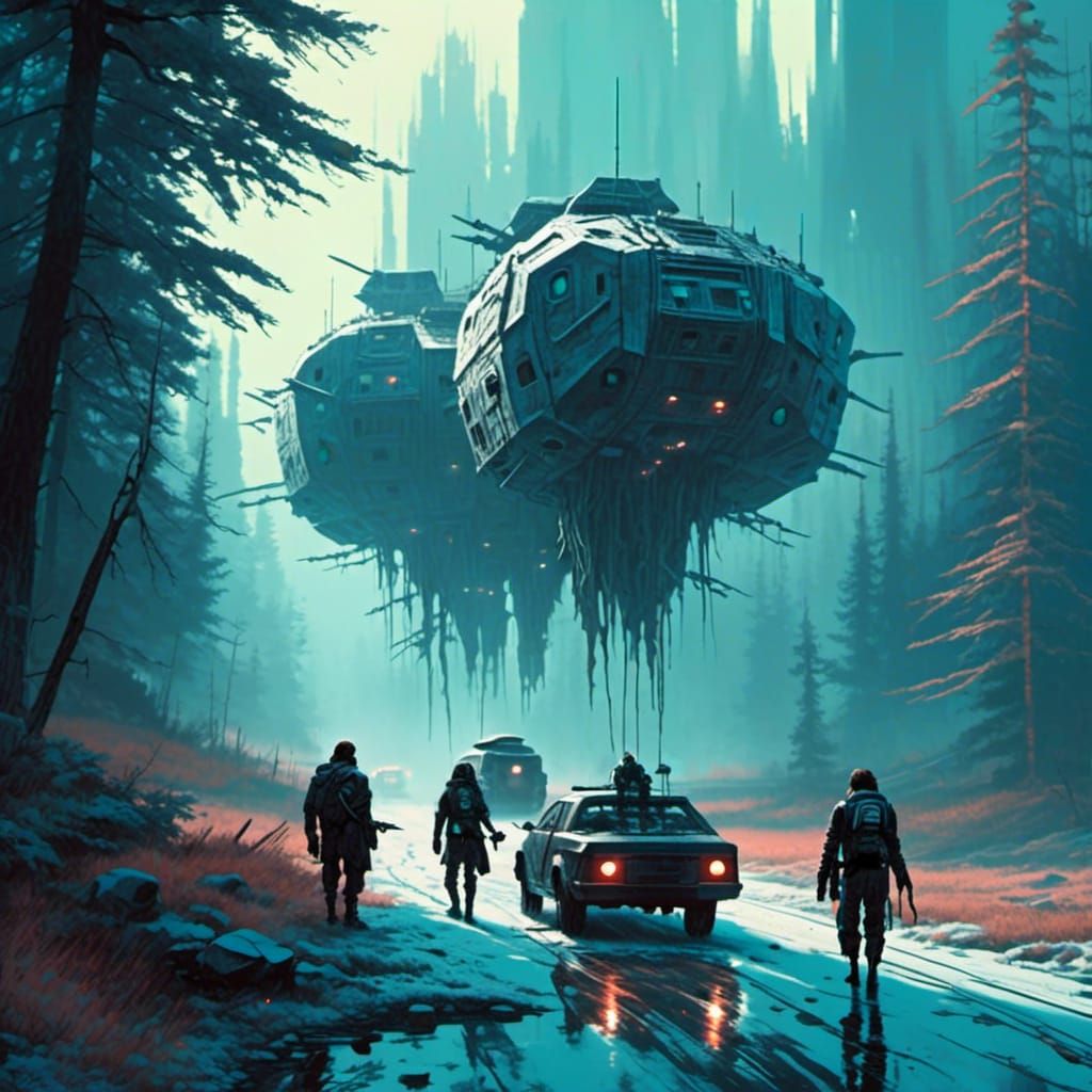 Cyberpunk Group Walks Road in Retro Sci-Fi Style