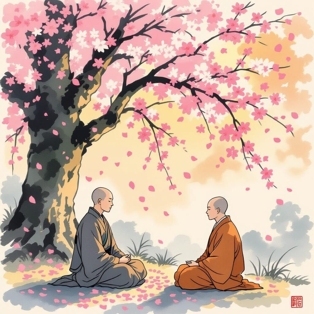 Monk Meditating Under Sakura Tree as Japanese Watercolor