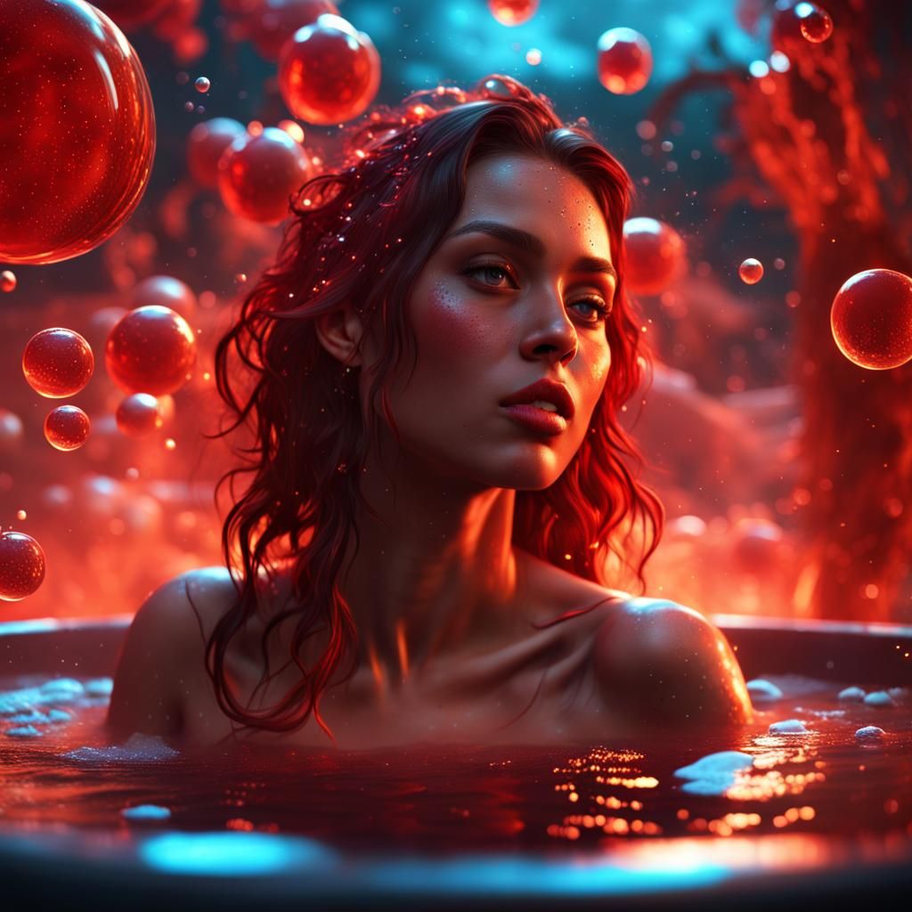 Girl in Hot Tub with Red Bubbles and Stars