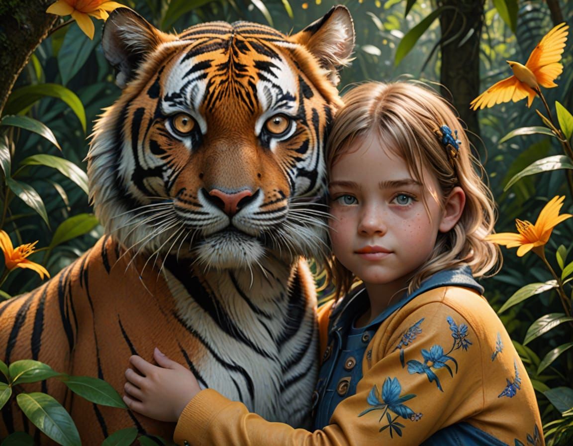 a girl hugging a Tiger