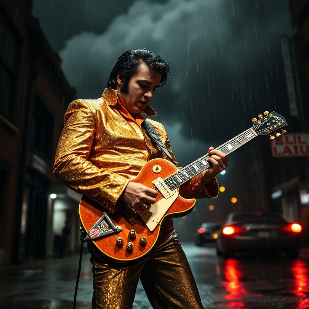 Elvis Presley Performance in Rain, Hyperrealistic Style