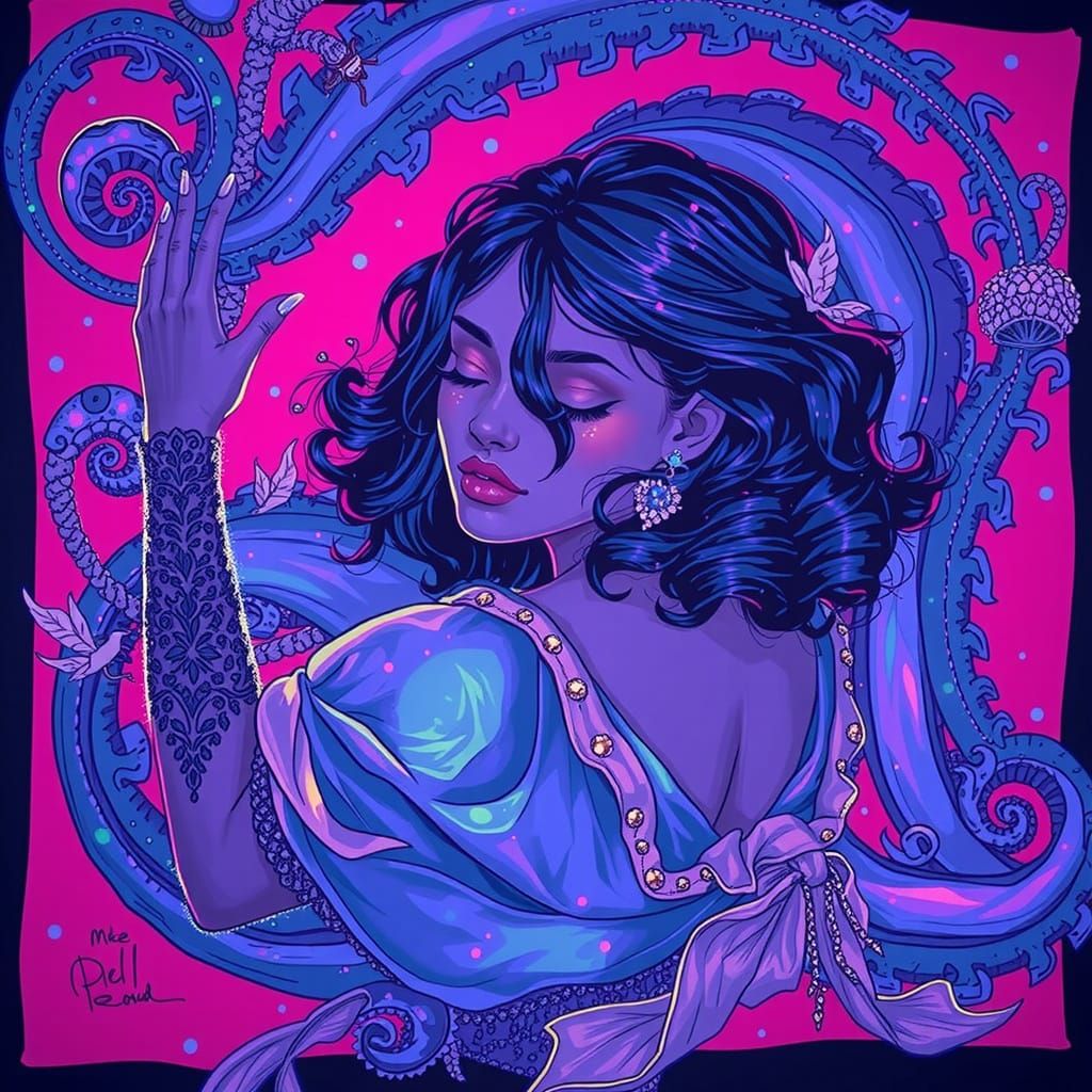 Ethereal Woman in Glistening Gown in Bioluminescent Forest