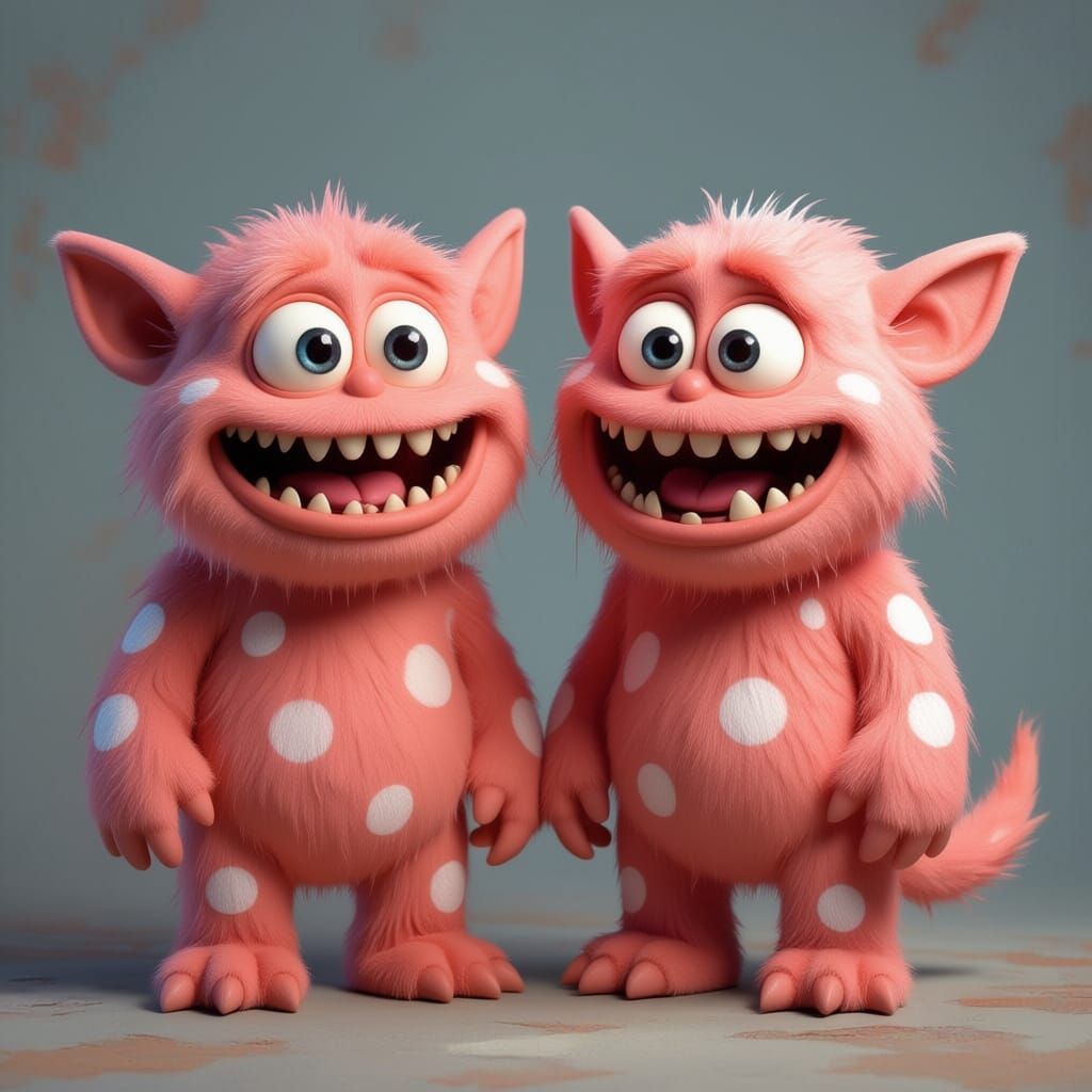 Whimsical Blue Monster with Multiple Heads and Pink Hair