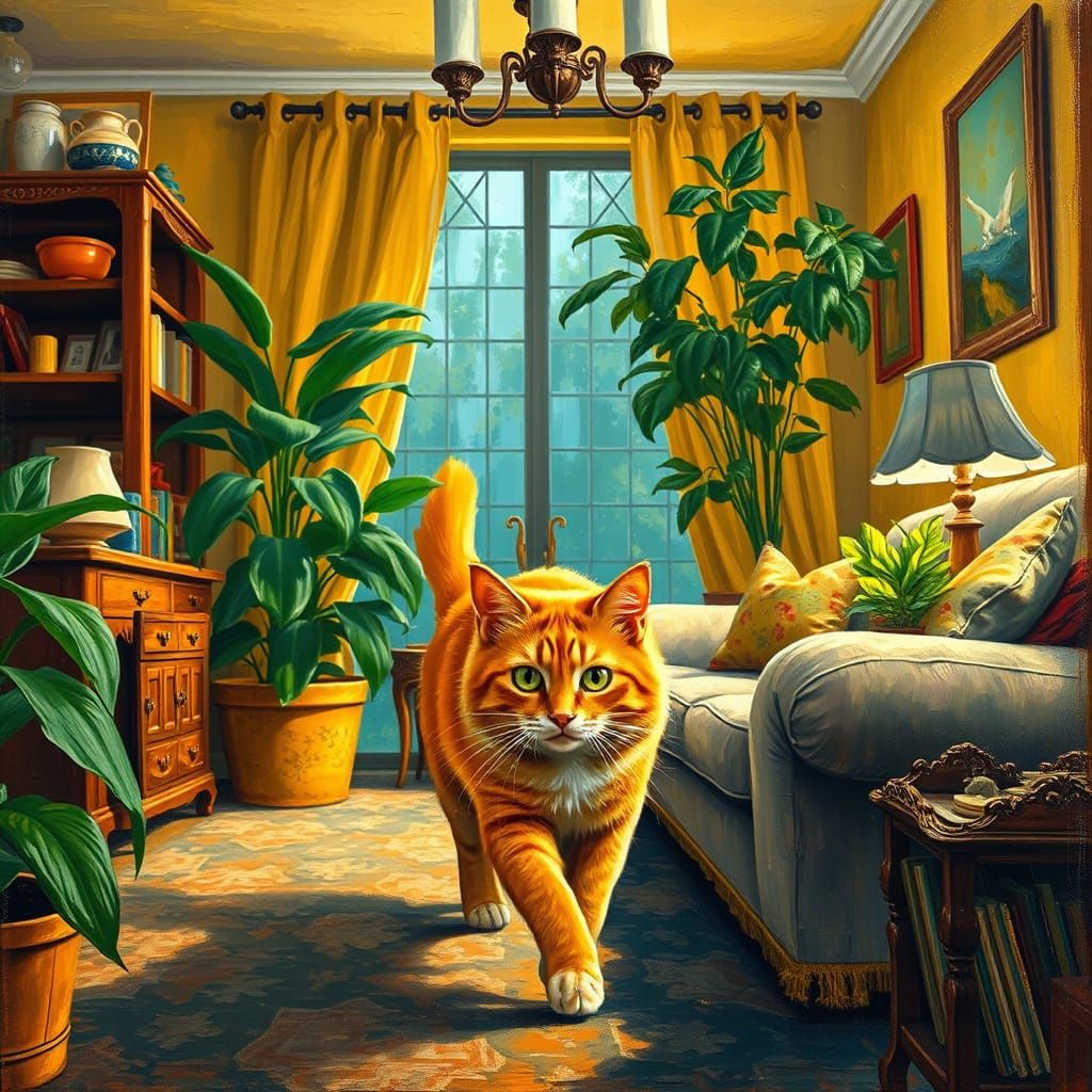 Whimsical Neo Impressionist Cat in Cozy Living Room