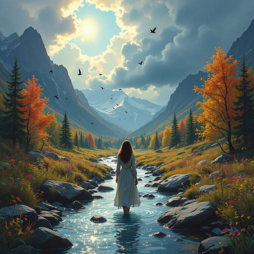 Serene Woman in Moody Mountain Valley, Dark Fantasy Style