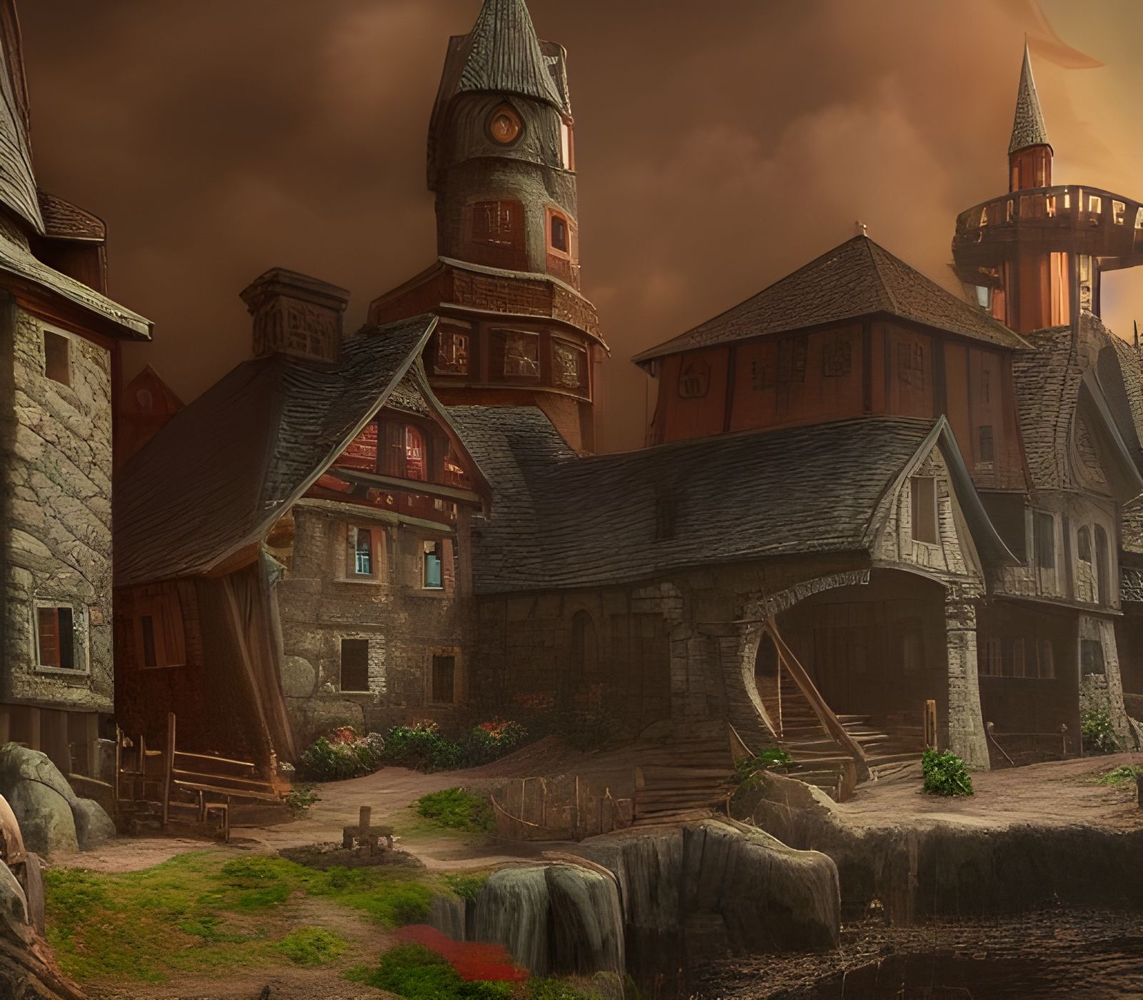 Detailed Medieval Fantasy Town Model in Matte Painting