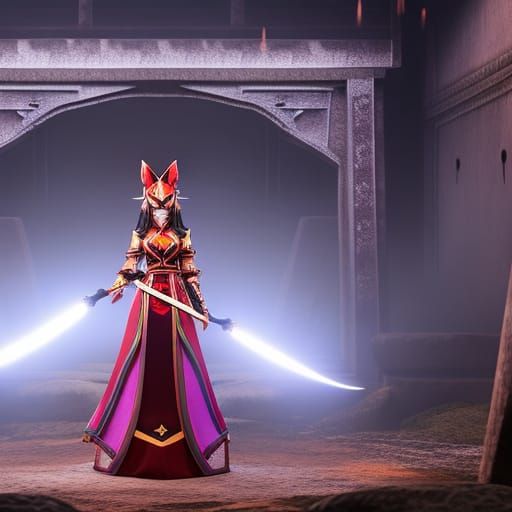 Kitsune Shaman at Jungle Shrine: Digital Art