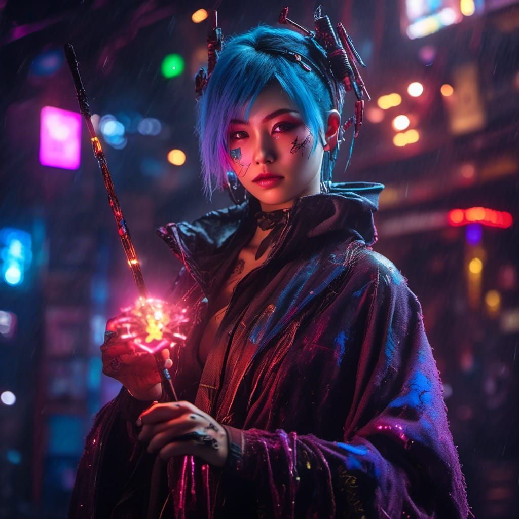 Cyborg Elf Mage in Cyberpunk Tavern