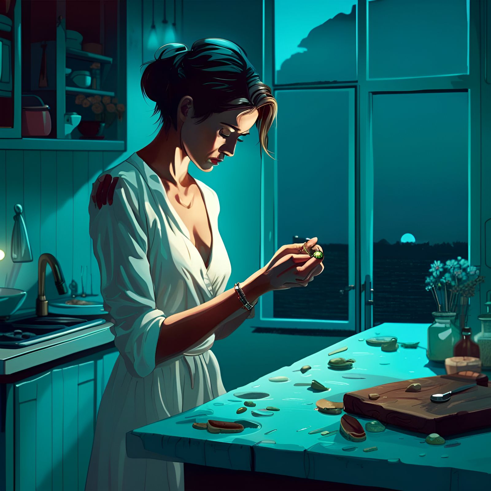 Sad Woman Removes Ring in Turquoise Kitchen, Comic Art