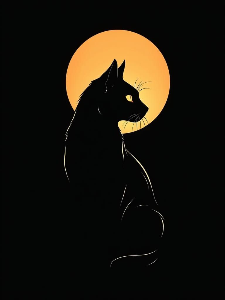 Minimalist Black Cat Silhouette with Moon
