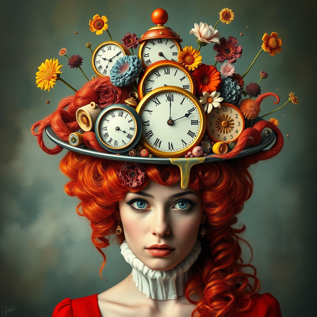Surrealist Hat with Melting Clocks and Red Hair
