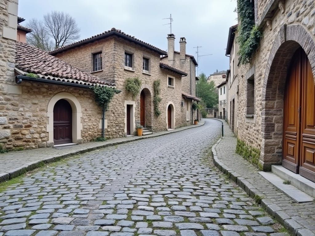 Historic Cobblestone Street in a Muted 19th-century European...