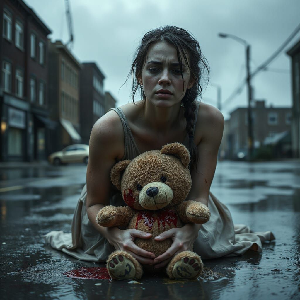 Grief-Stricken Mother in Rain-Soaked Despair