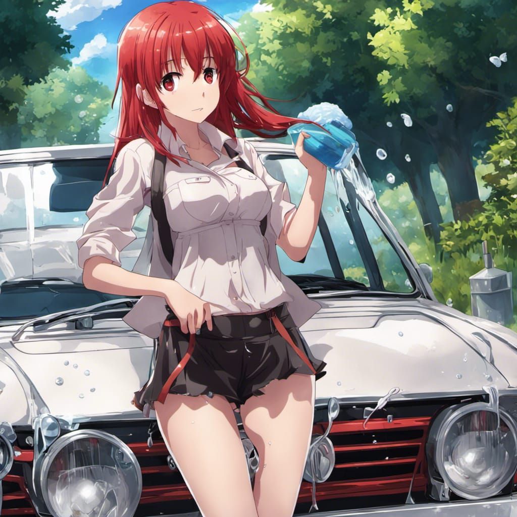 Anime Girl Washing Car Illustration