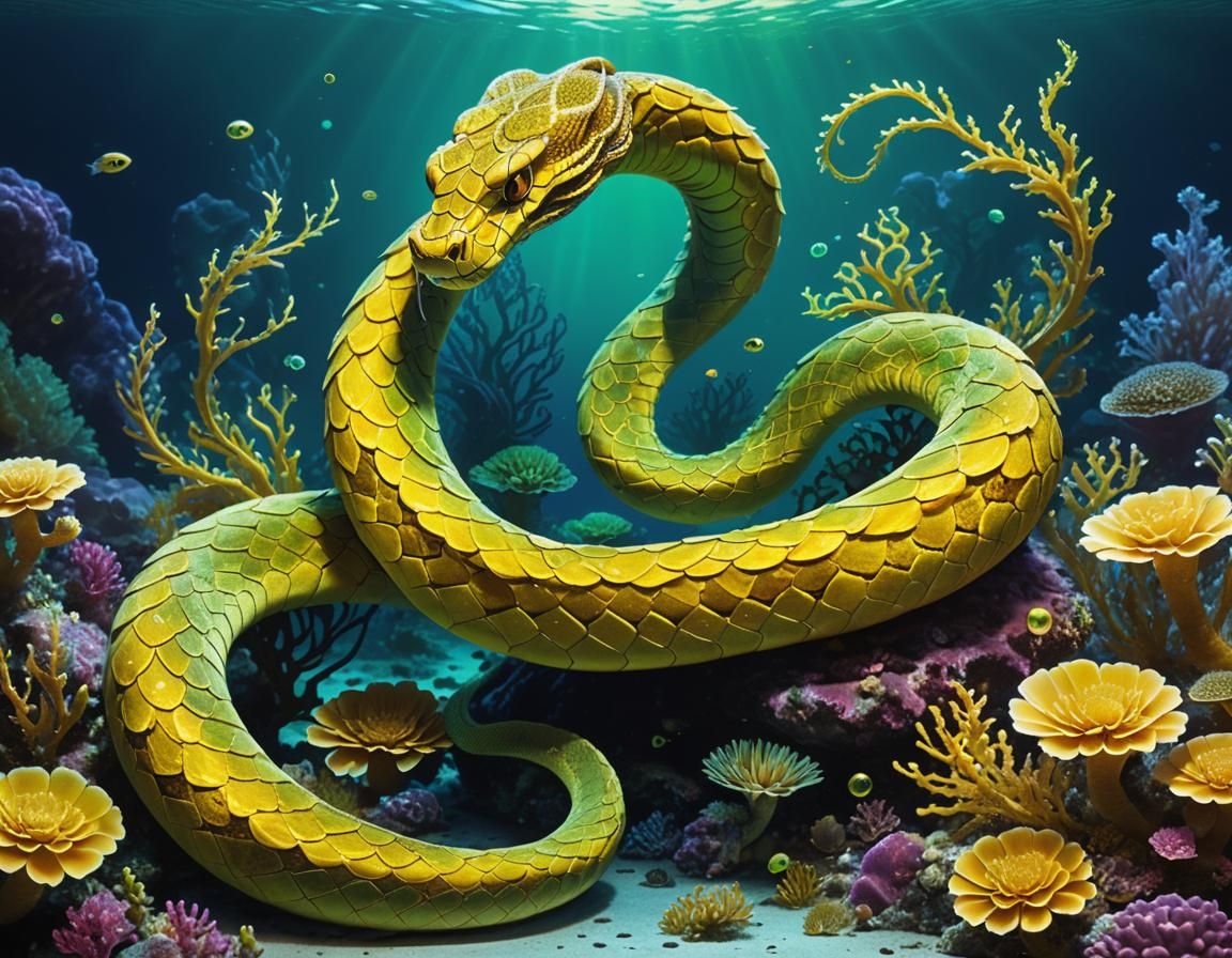 Bioluminescent Serpent in Mystical Underwater Scene
