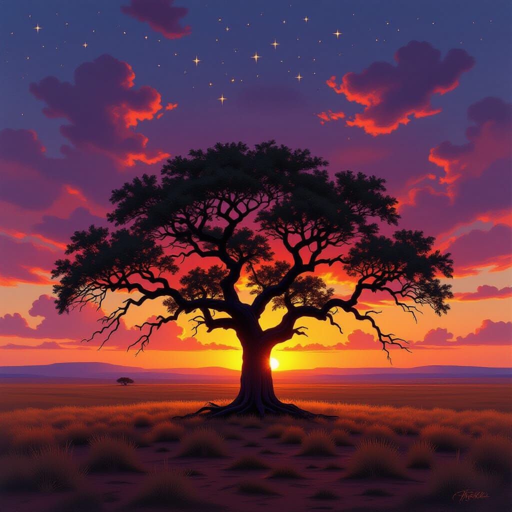 Ancient Oak Silhouetted Against Fiery Sunset Savanna Landsca...
