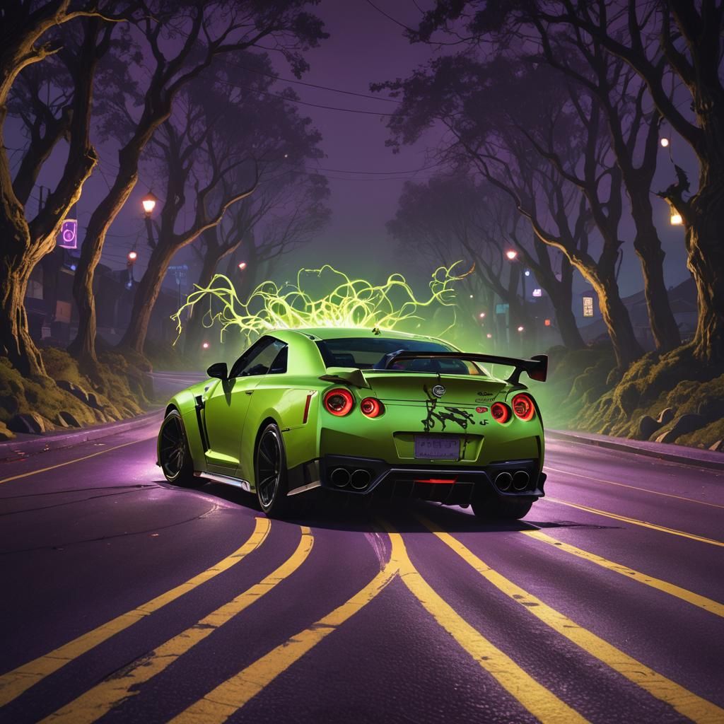 Grinch Drives GTR on Mystical Halloween Road