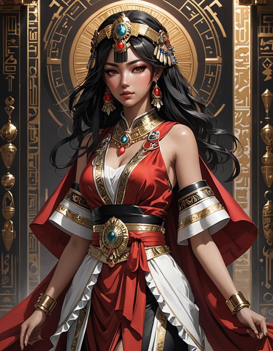 Egyptian Priestess in Red Kimono, Anime Style