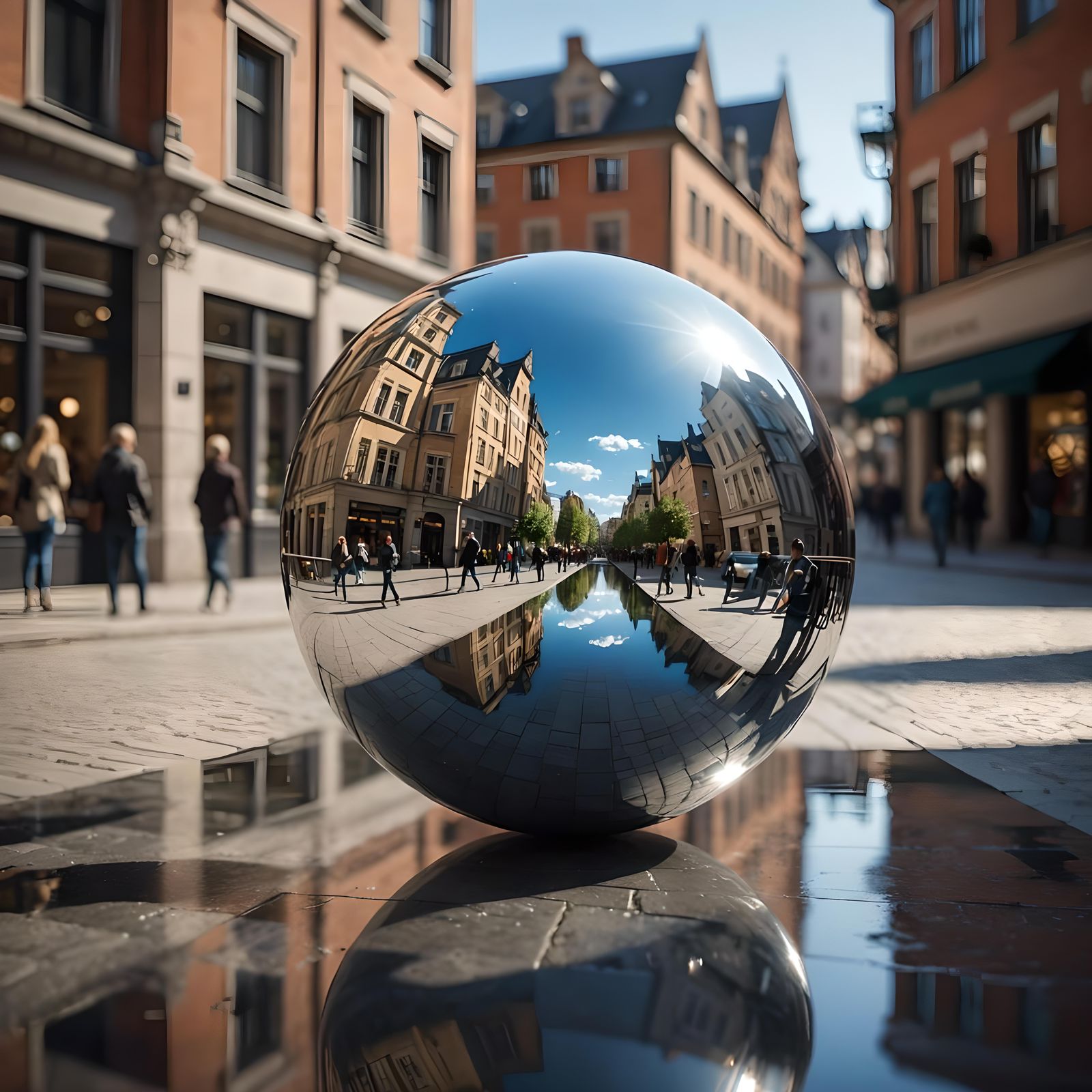 Metallic Sphere in Town Center with Dynamic Lighting