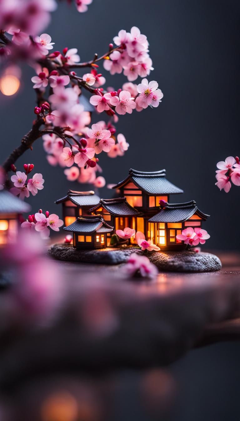 Miniature Bonsai Village on Blossoming Cherry Branch