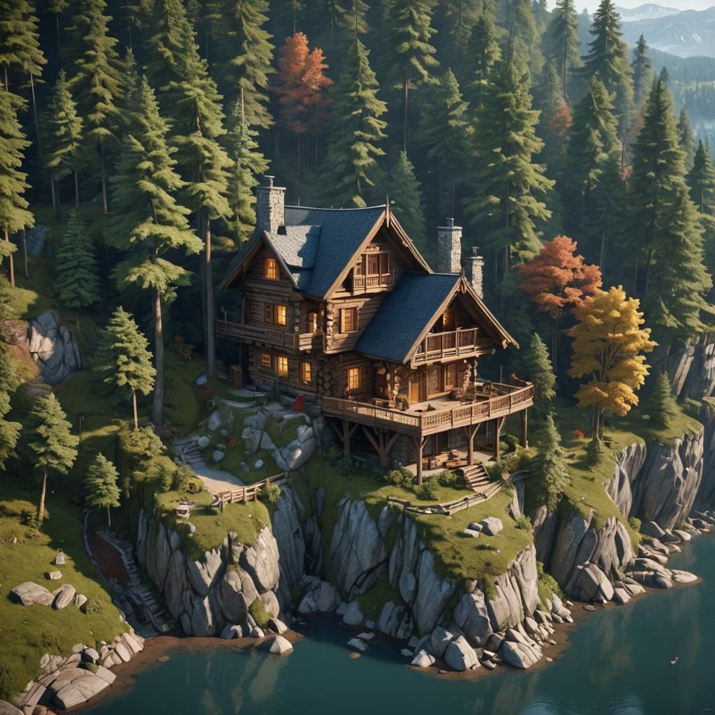 Cliffside Cabin in German Forest: Matte Painting