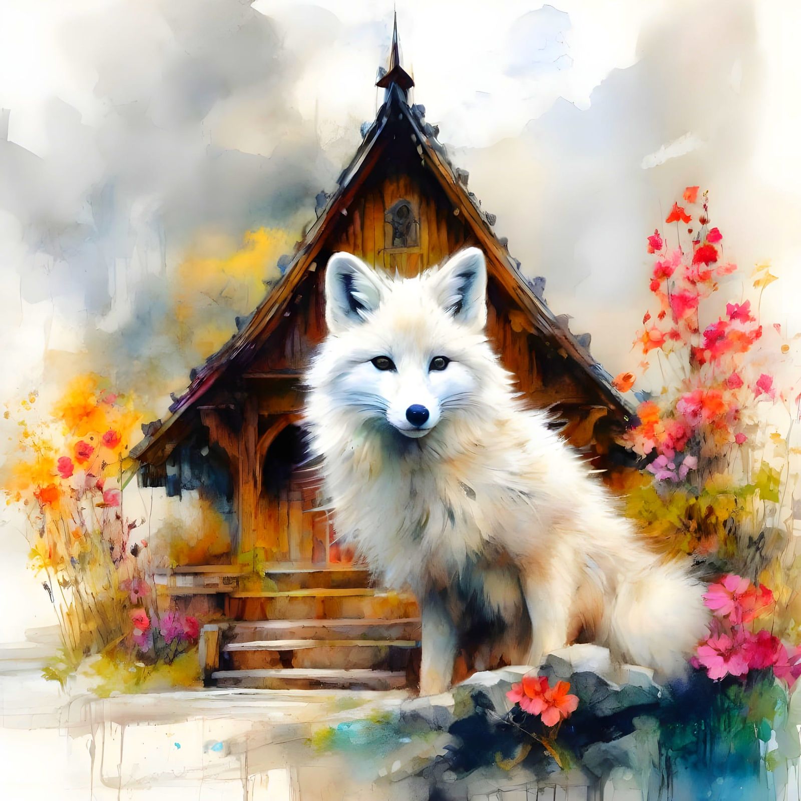 Arctic Fox in Front of Norse Church, Grungy Oil Painting