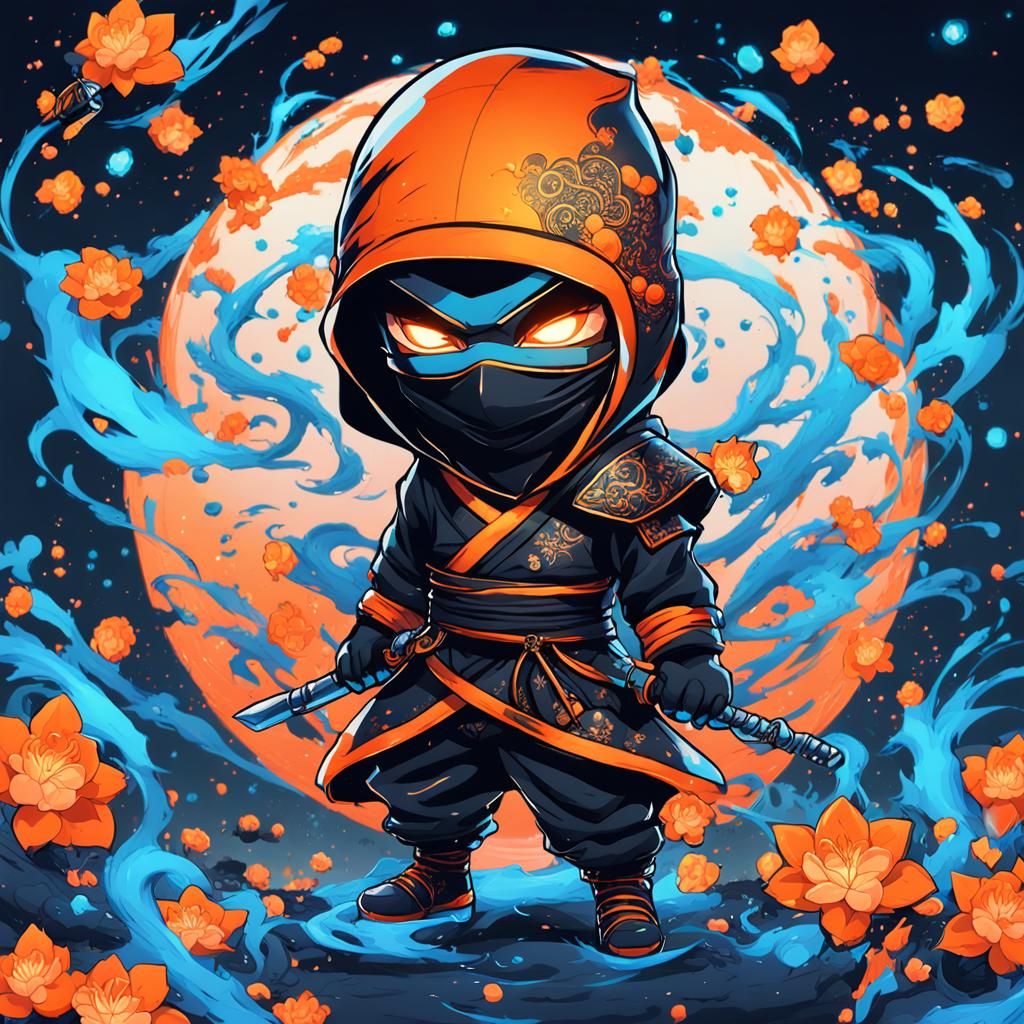 Ninja Chibi in Gothic Manga Style with Dragons