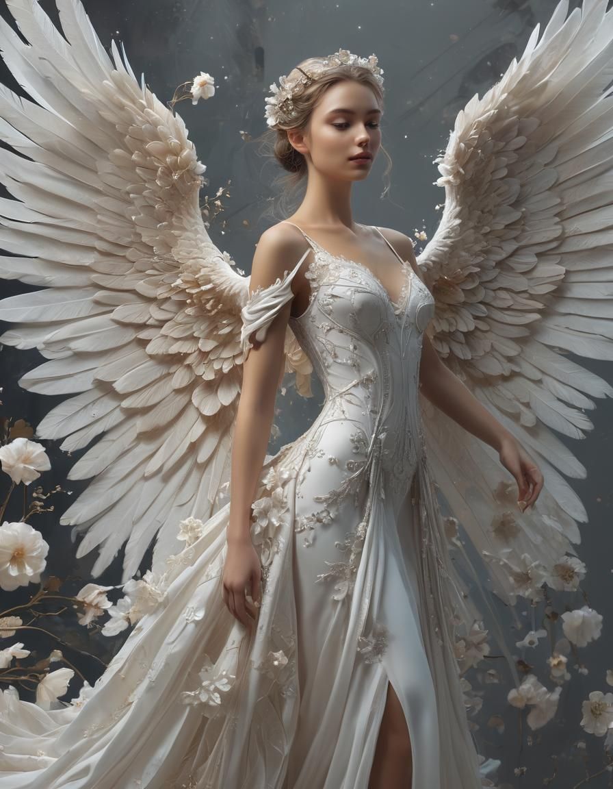 Angel, Stunning Anatomically correct beautiful slim female (Angel with a pair of beautiful big giant white wings:1.5) we...