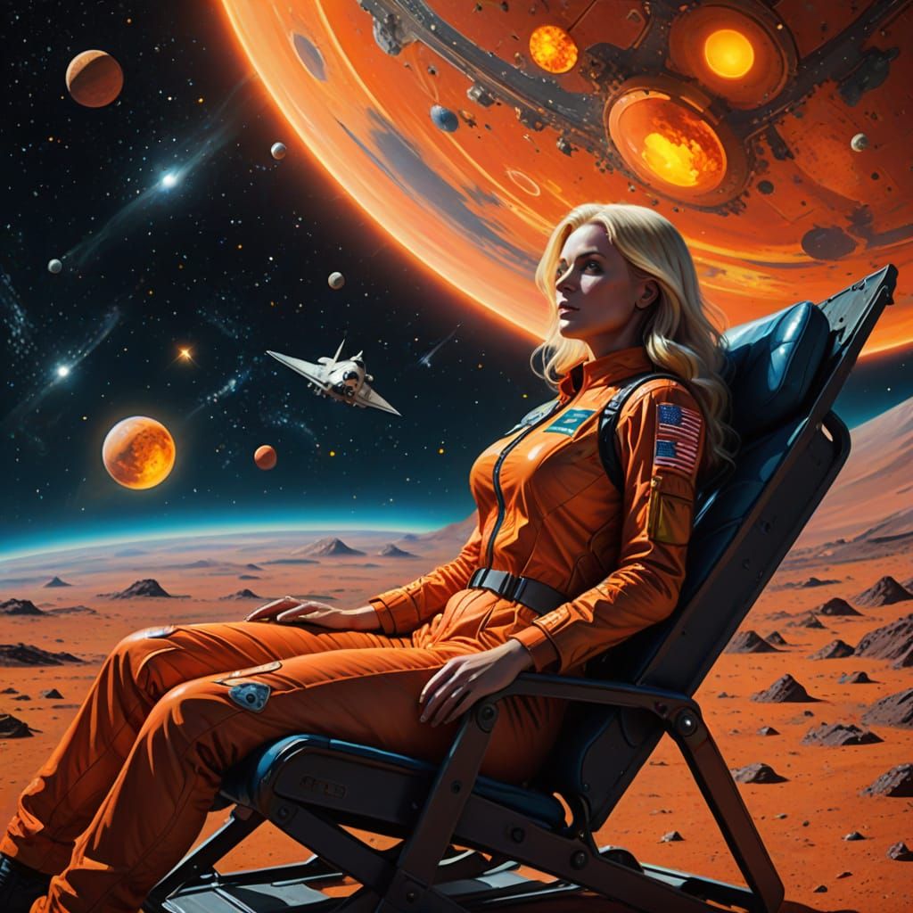 Woman Sunbathing on Mars in Surreal Oil Painting