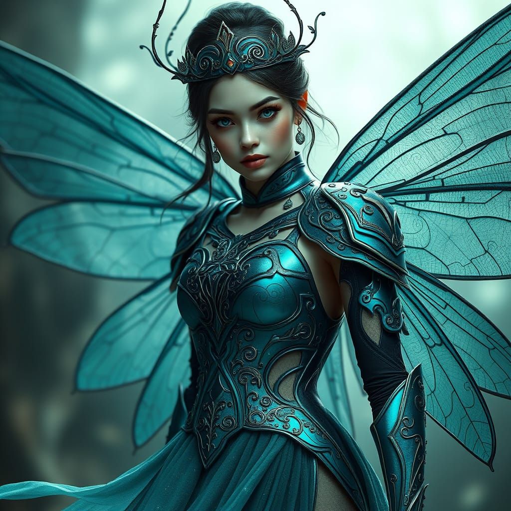 Enchanted Fae Queen Wears Iridescent Dragonfly Armor