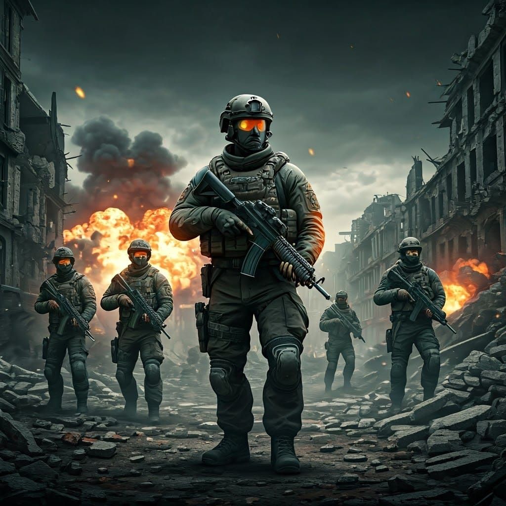 Ukrainian Warriors Defending Homeland in War-Torn Cityscape