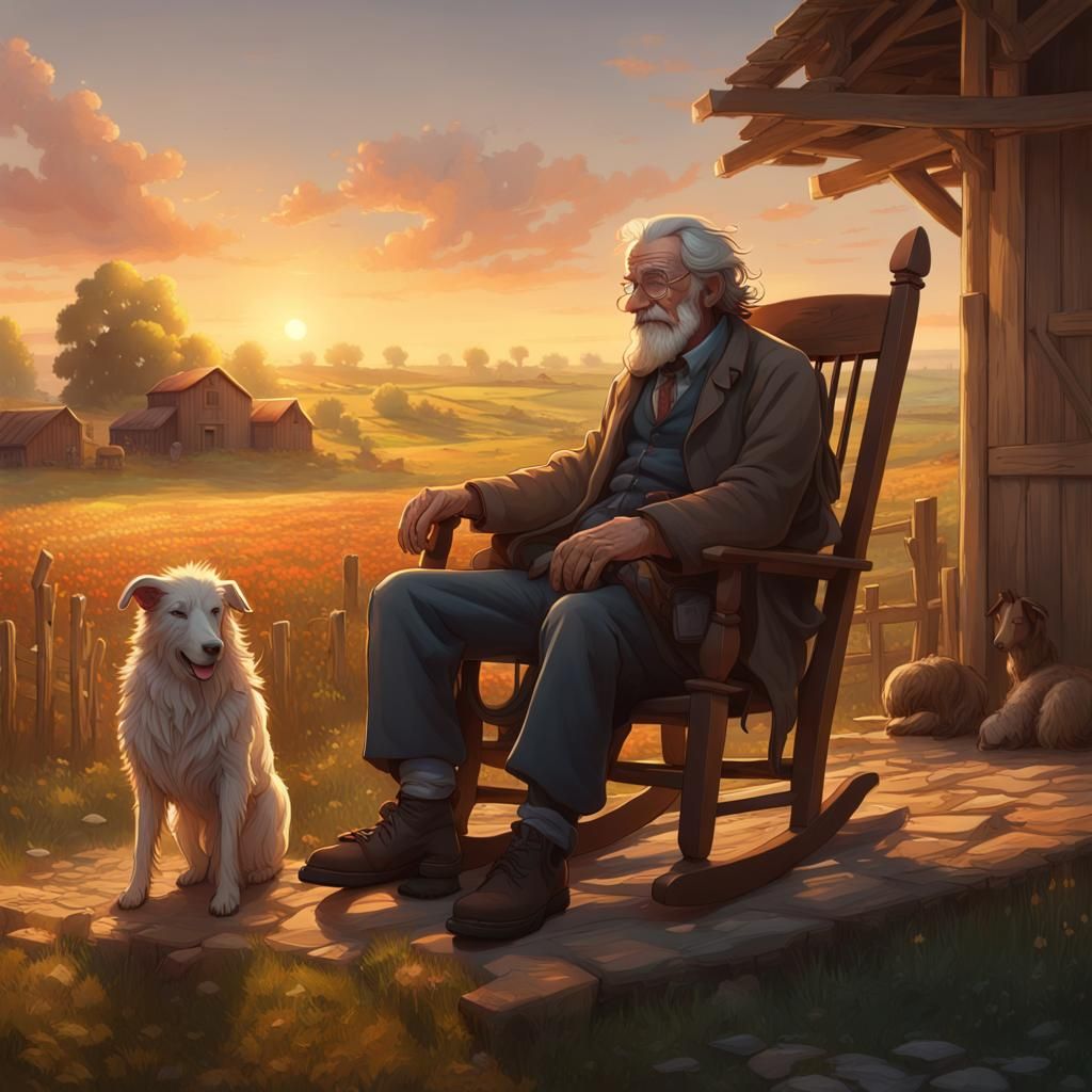 Golden Hour Farm Portrait with Old Man and Dog