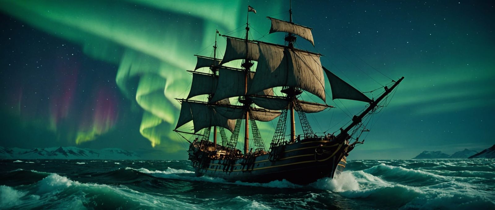 Galleon in Stormy Seas Under Aurora Borealis