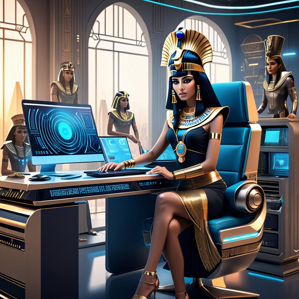 Cleopatra in a Futuristic Office Setting