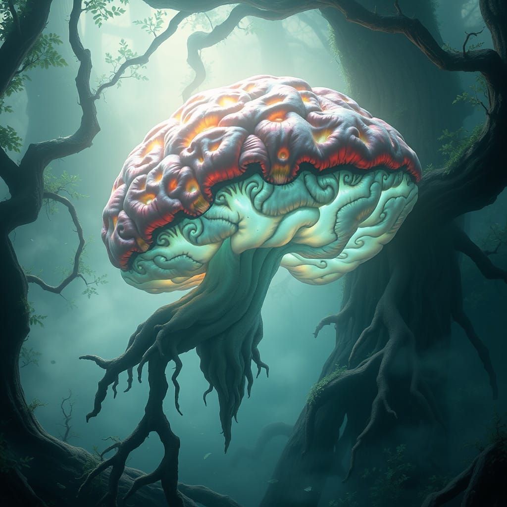Ethereal Mushroom Brain in Mystic Forest