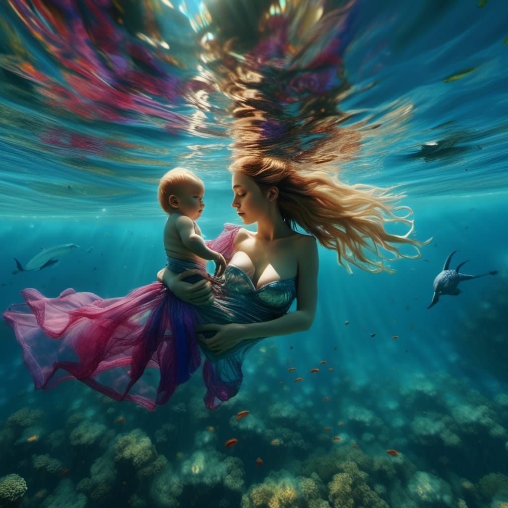 Underwater Madonna and Child Portrait in Astral Style