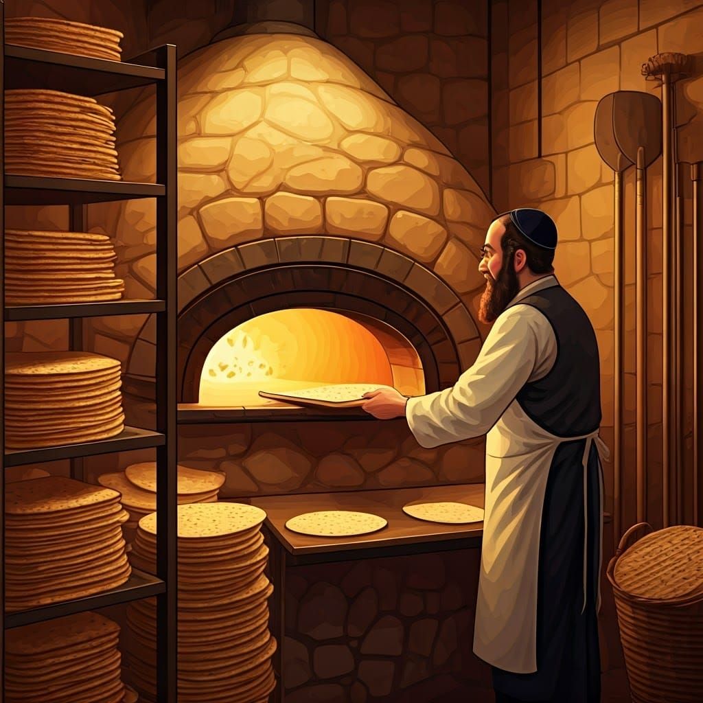 a cartoon image of a man in a matzah bakery. He is dressed in traditional Orthodox Jewish attire, wearing a black Kippah...