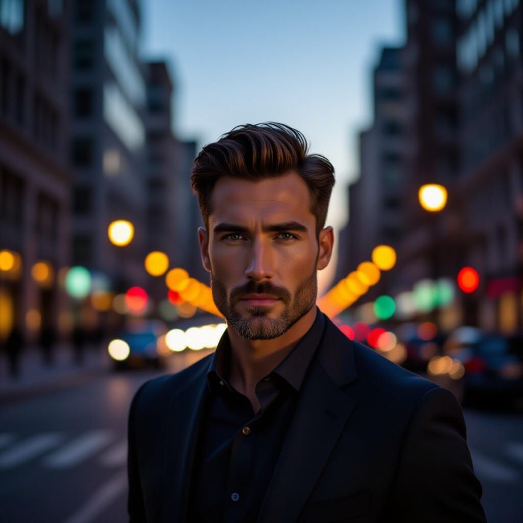 Handsome Man in Cityscape at Dusk