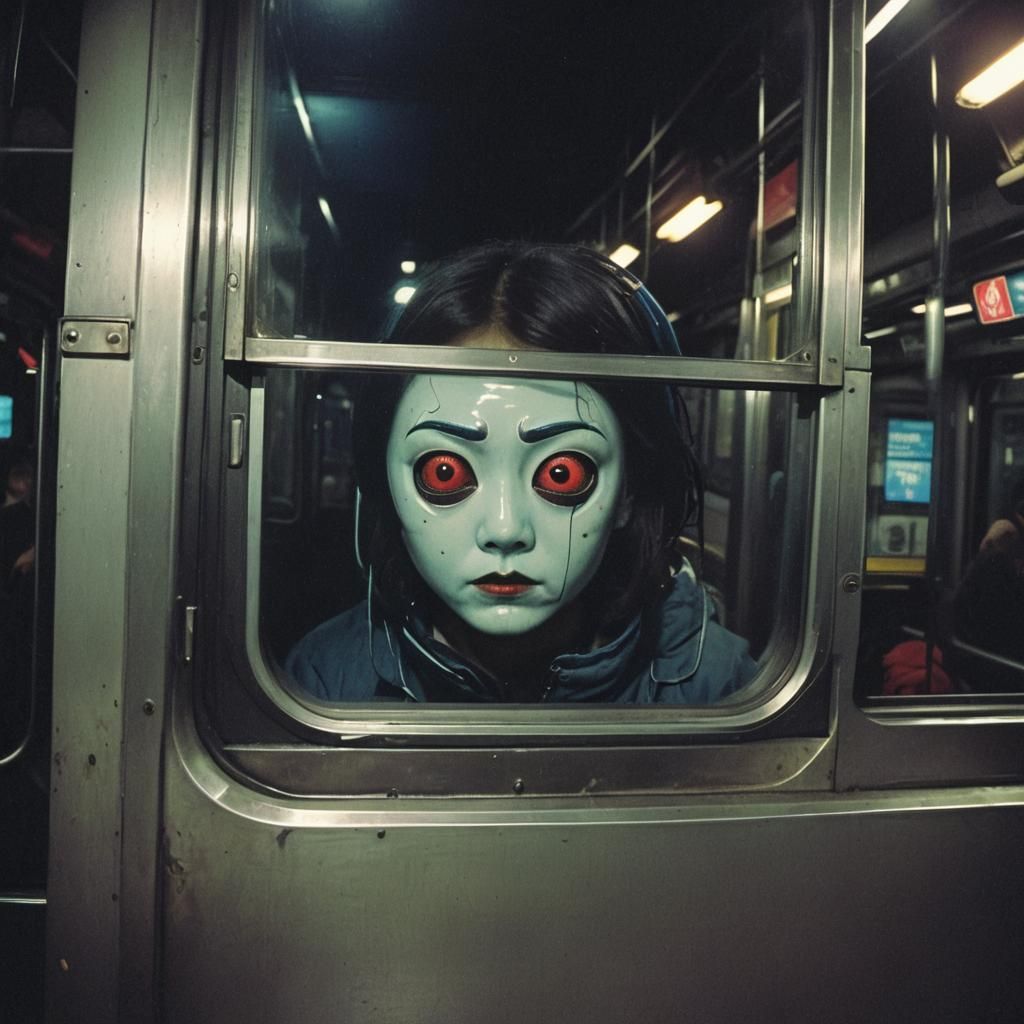 Cyberpunk Yokai Spirit in 80's Subway Car
