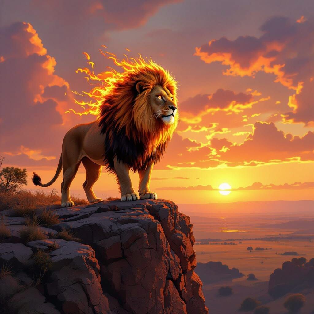 Fiery Lion Overlooking the Savannah, in Digital Painting Sty...