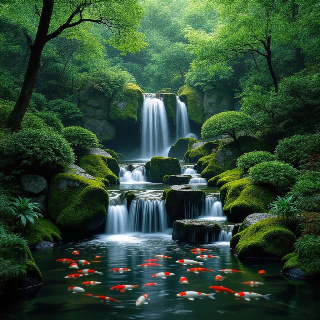Majestic Waterfall in Japanese Garden: Cinematic Beauty
